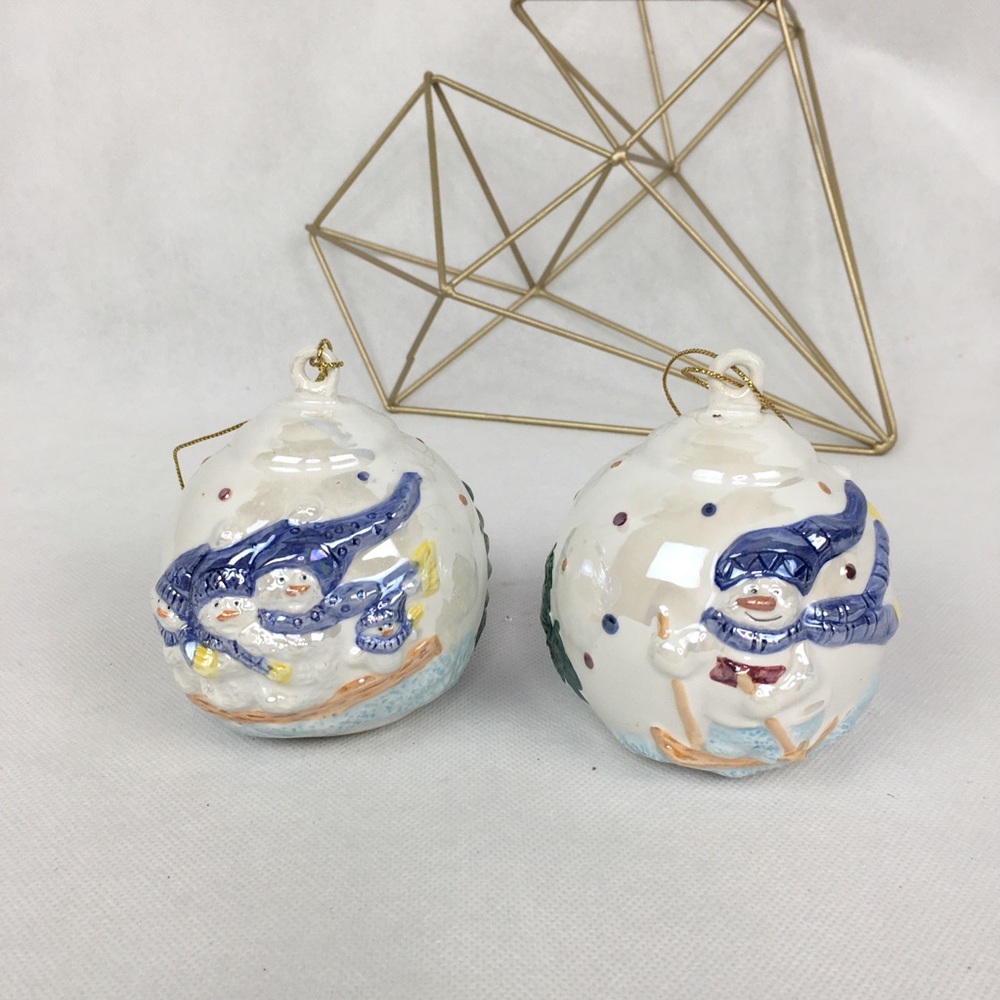 Pearl Glazed Ceramic Snowmen Ornament Set Of 2